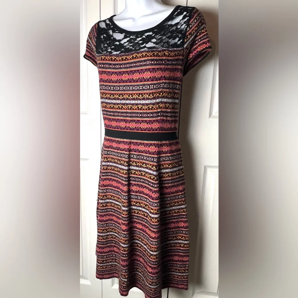 SPARROW Anthropologie Sweater Dress Boho Lace Cap Sleeve Orange Black Large